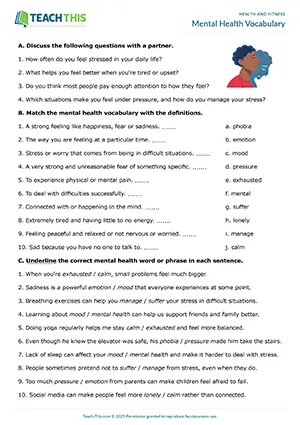 ESL mental health worksheet preview for intermediate B1 with reading, matching, and conversation questions