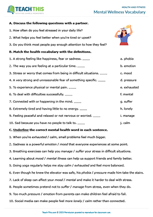 ESL health and fitness worksheet preview for intermediate B1 with reading, matching, and conversation questions