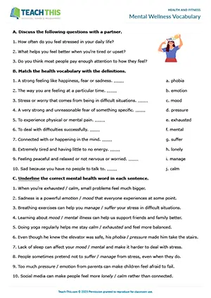 ESL health and fitness worksheet preview for intermediate B1 with reading, matching, and conversation questions