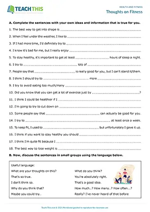 ESL health and fitness discussion preview for intermediate B1 with sentence completion and group discussion