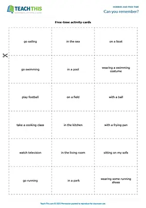 ESL Hobbies Game, elementary A1-A2, matching, memorizing, table completion, group work