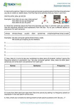 ESL Free-Time Collocations Activity, pre-intermediate A2, asking and answering, writing, guessing, pair work