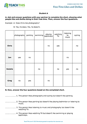 Free time activities - multiple choice worksheet