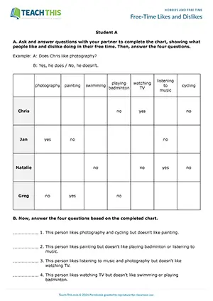 ESL Free-Time Likes and Dislikes Activity, elementary A1-A2, information gap, matching, pair work