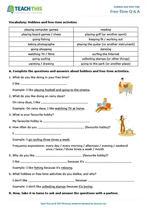 ESL Free-Time and Hobbies Activity, elementary A1-A2, questions, sentence completion, pair work