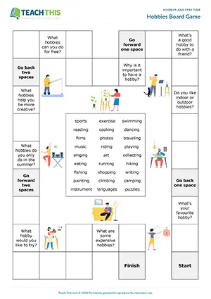 ESL Hobbies Board Game, elementary A1-A2, gap-fill, answering questions, group work