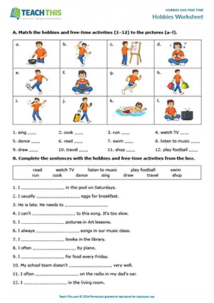 ESL hobbies worksheet preview, beginner A1, matching, gap-fill, controlled practice
