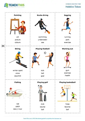 ESL Describing Hobbies Game, intermediate B1, describing, guessing, group work
