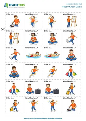 ESL hobbies game preview, beginner A1, matching, controlled, group work