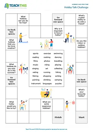 ESL Hobbies Board Game, elementary A1-A2, gap-fill, answering questions, group work