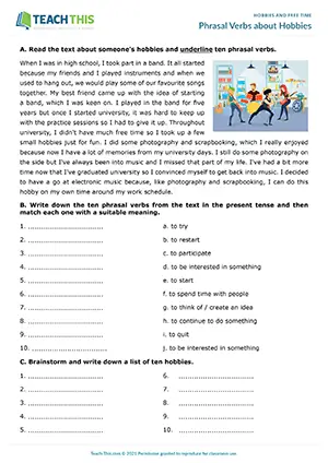 ESL Hobby Phrasal Verbs Worksheet, intermediate B1, identifying, matching, writing sentences, group work