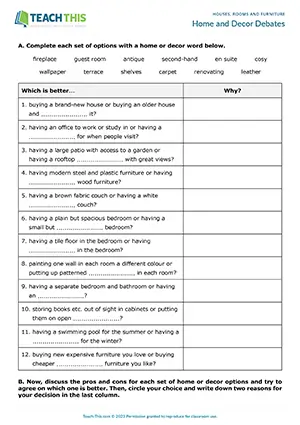 ESL Houses, Rooms and Furniture Activity, upper-intermediate B2, gap-fill, guided discussion, pair work