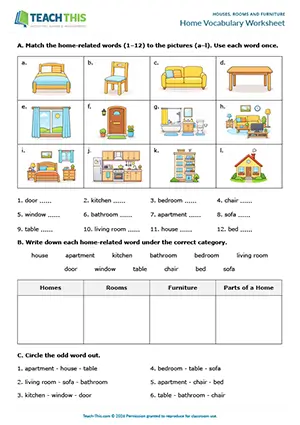 ESL home vocabulary worksheet preview, beginner A1, eliciting, drilling, sentence frames, substitution drills, matching, categorising, controlled practice