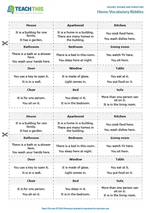 ESL home vocabulary game preview, beginner A1, describing, guessing, pair work