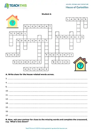 ESL Houses, Rooms and Furniture Activity, upper-intermediate B2, writing and giving clues, guessing, group and pair work