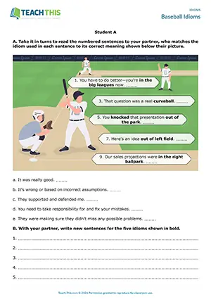 ESL Sports Idioms Activity, upper-intermediate B2, baseball idioms, matching, writing sentences