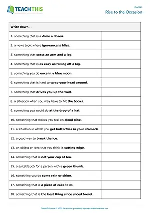 ESL Idioms Game, advanced C1, writing short answers, guessing, group work