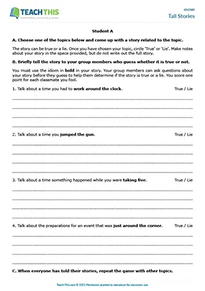 ESL Idioms Game, upper-intermediate B2, matching, telling stories, guessing, group work
