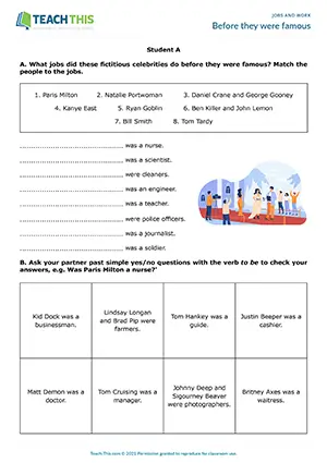 ESL Celebrity Jobs Activity, pre-intermediate A2, matching, questions, pair work