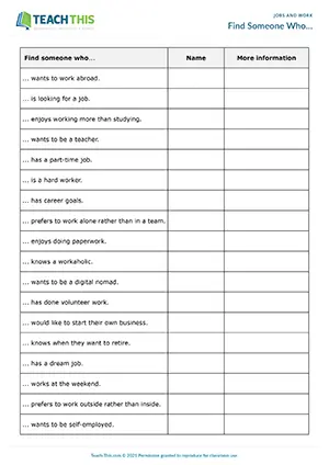 ESL Talking about Jobs Activity, pre-intermediate A2, asking and answering, find someone who