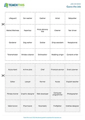 ESL Jobs Guessing Game, intermediate B1, forming sentences, describing, guessing, group work