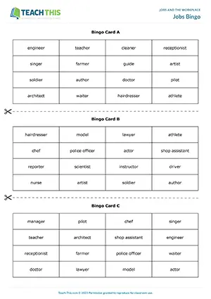 ESL Jobs Game, elementary A1-A2, bingo, matching, group work