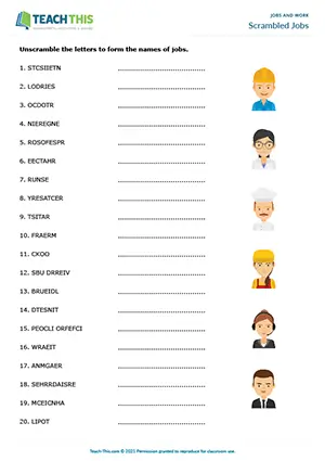 ESL Jobs Worksheet, elementary A1-A2, unscrambling, spelling