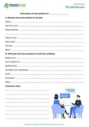 ESL Job Interview Role-Play, intermediate B1, guided discussion, form completion, role-play, group and pair work