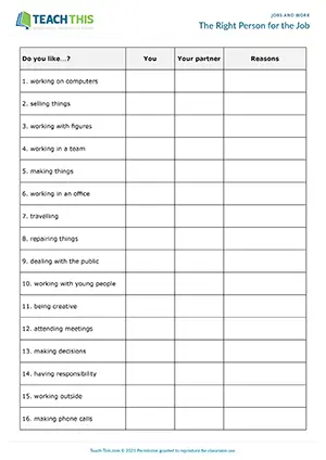 ESL Job Tasks Activity, intermediate B1, questions, pair work