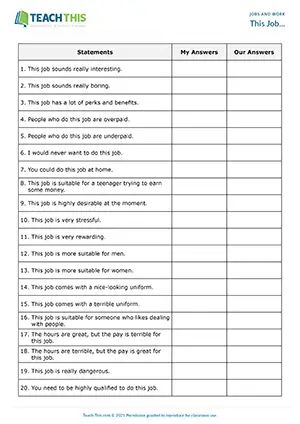 ESL Jobs Discussion, intermediate B1, matching, guided discussion, group work