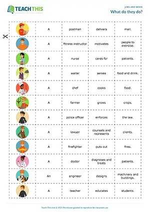 ESL Job Descriptions Game, intermediate B1, matching, forming sentences, pair work