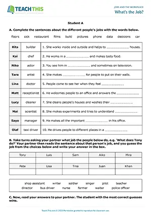ESL Jobs Game, elementary A1-A2, gap-fill, information gap, guessing, pair work