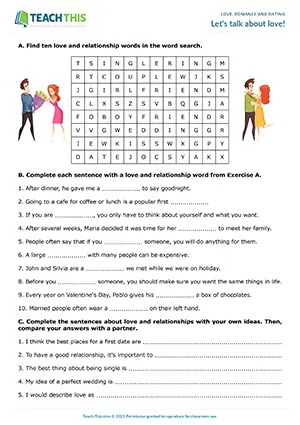 ESL Love and Dating Worksheet, pre-intermediate A2, word search, gap-fill, sentence completion