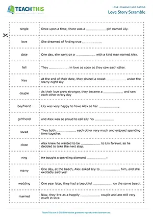 ESL Love Story Game, pre-intermediate A2, matching, pelmanism, gap-fill, ordering