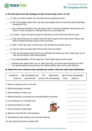 ESL Love and Dating Board Worksheet, upper-intermediate B2, reading, vocabulary, discussion, pair work