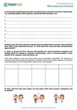 ESL Love and Relationships Activity, intermediate B1, listing, guided discussions, categorising