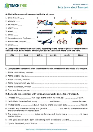 ESL Modes of Transport Worksheet, intermediate B1, matching, categorising, sentence completion