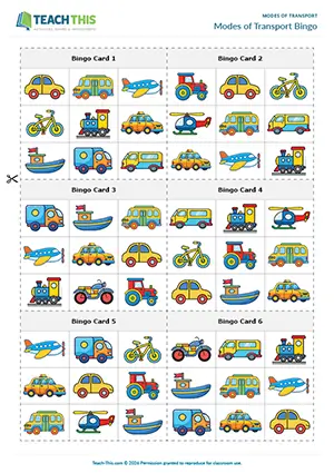 ESL modes of transport game preview for beginner A1 students showing vocabulary bingo, matching