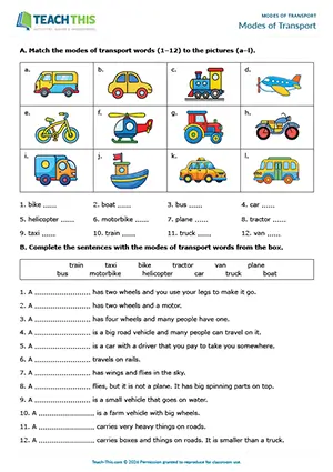 ESL modes of transport worksheet preview for beginner A1 students showing vocabulary matching, gap-fill, controlled practice