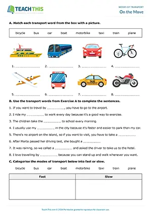 ESL Modes of Transport Worksheet, elementary A1-A2, matching, gap-fill, conversation