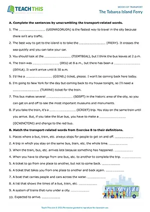 ESL Public Transport Worksheet, intermediate B1, unscrambling, matching, gap-fill, pair work