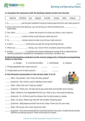 ESL Banking Worksheet, upper-intermediate B2, gap-fill, matching, ordering, binary choice