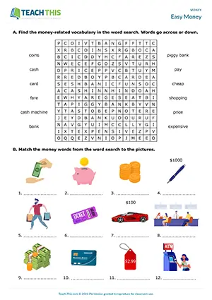 ESL Money Worksheet, elementary A1-A2, word search, matching, unscrambling, gap-fill