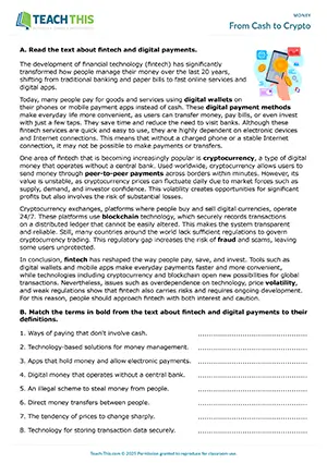 ESL Money Vocabulary Worksheet, upper-intermediate B2, matching, true-or-false, gap-fill, guided discussion, communicative practice