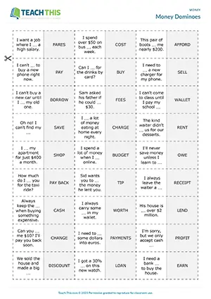 ESL Money Game, intermediate B1, matching, gap-fill, dominoes, group work