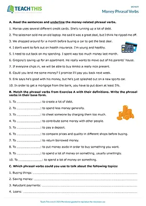 ESL Money Phrasal Verbs Worksheet, upper-intermediate B2, identifying, matching, gap-fill, pair work