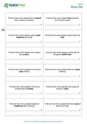 ESL Money Vocabulary Activity, elementary A1-A2, survey, describing game, group and pair work