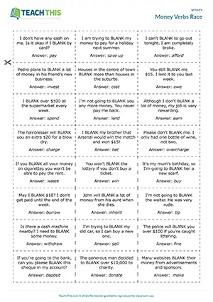 ESL Money Game, upper-intermediate B2, gap-fill, matching, group work