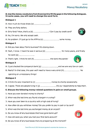 ESL Money Vocabulary Worksheet, upper-intermediate B2, reading, matching, gap-fill, pair work