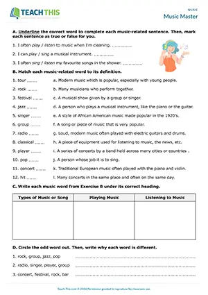 ESL Music Worksheet, elementary A1-A2, matching, categorising, gap-fill, questions